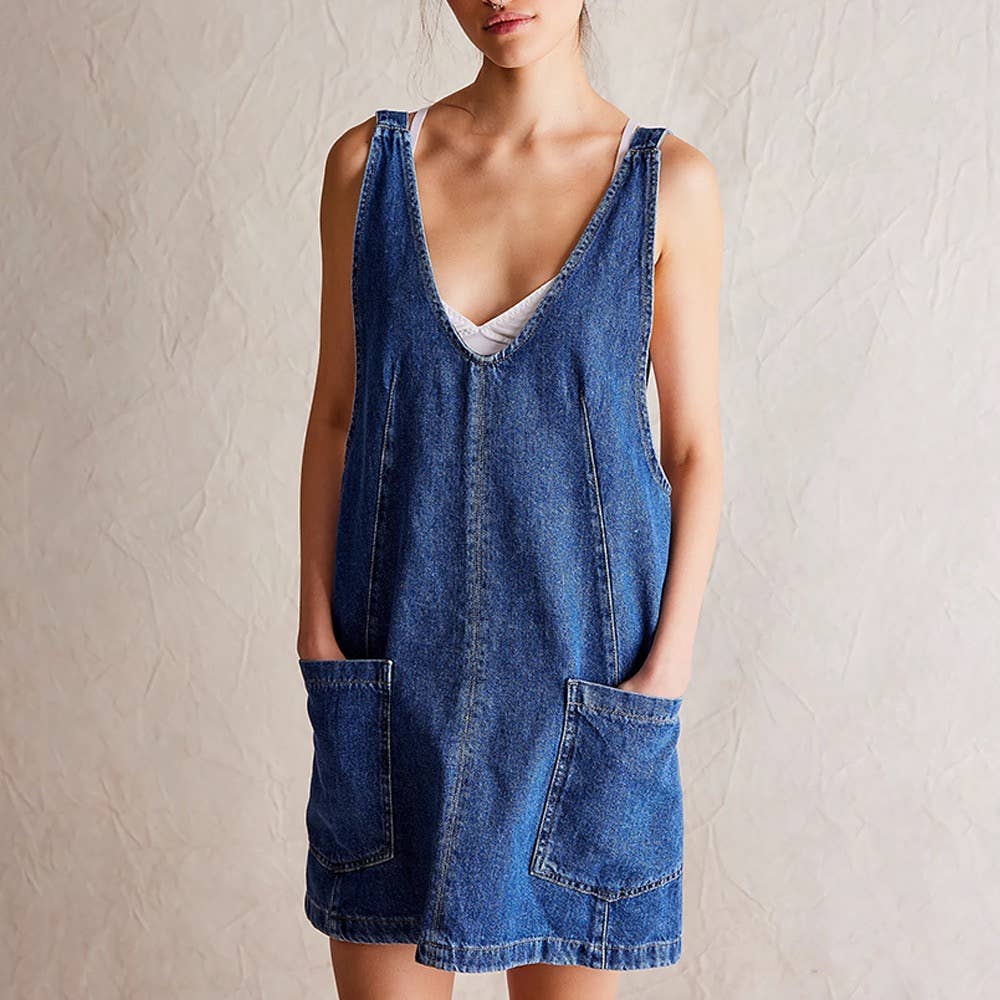 Denim scoop neck overall dress